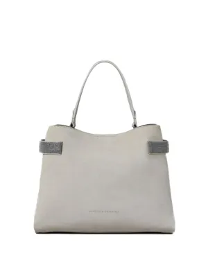 Medium Velour Top Handle Shopper Bag in Stone