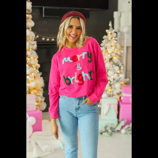 MERRY & BRIGHT LONG SLEEVE TEE IN HOT PINK
