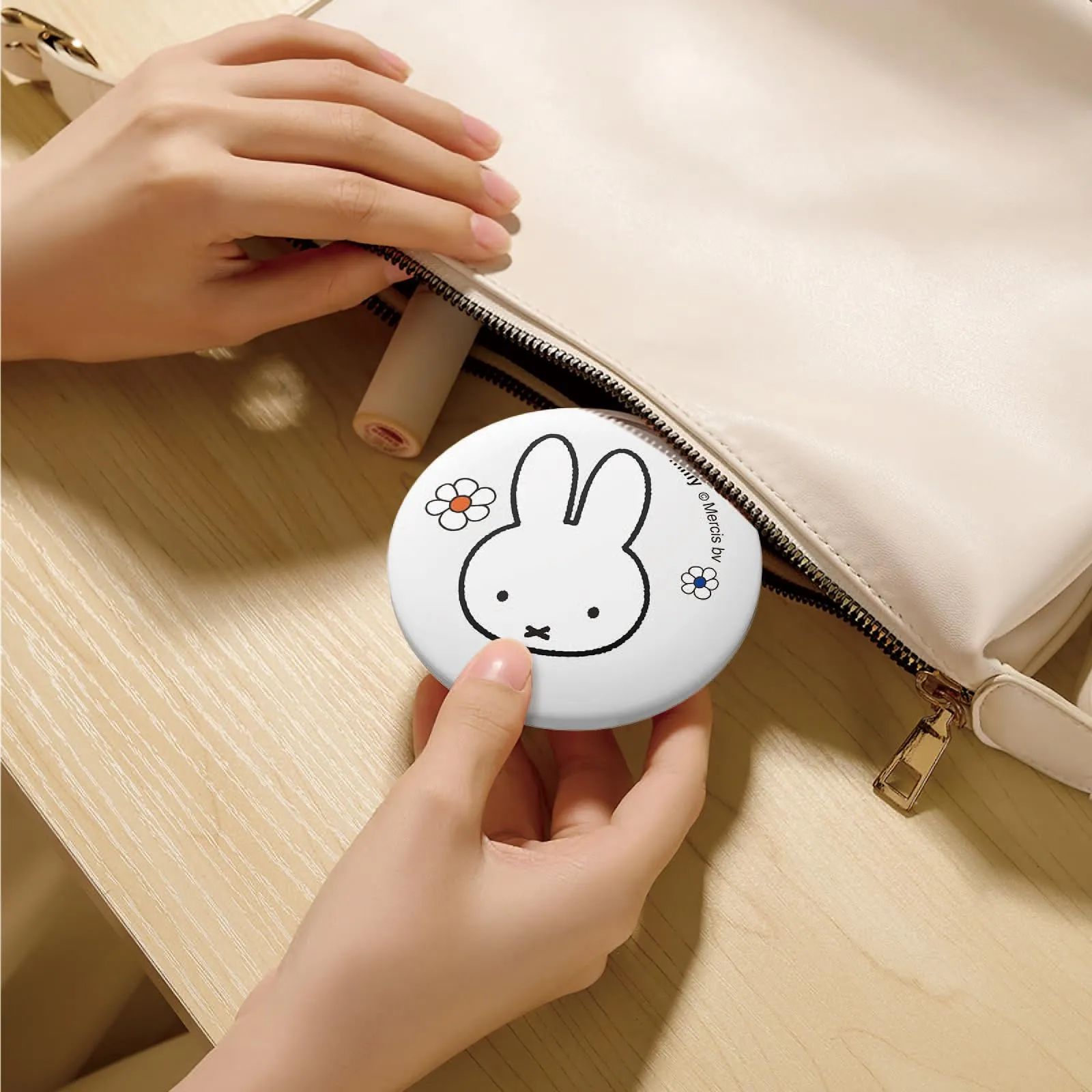 Miffy Handheld LED Makeup Mirror, Foldable 2-Side 1x/10x Magnification,Pocket Small Lighted Mirror for Travel, Rabbit Shape (White)