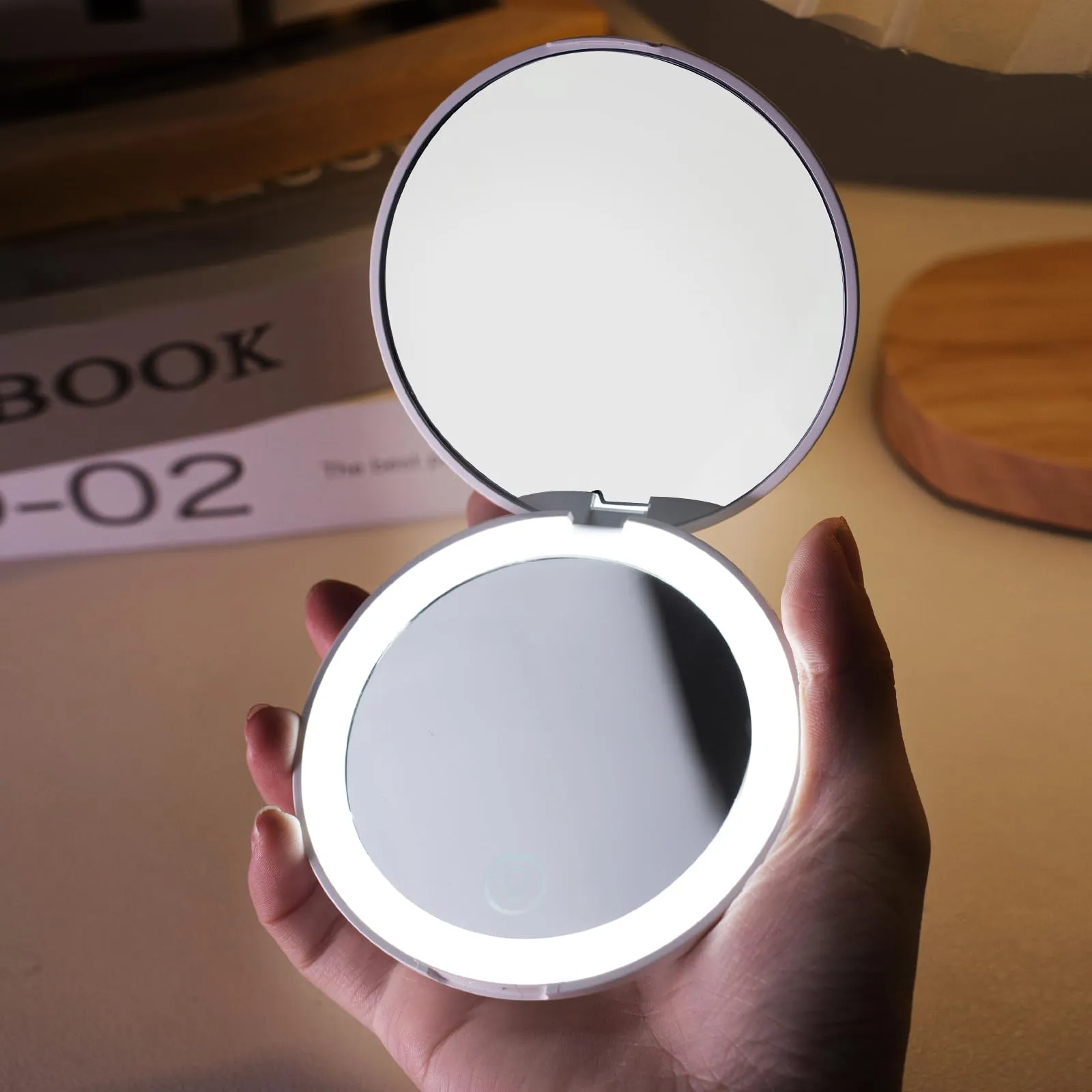 Miffy Handheld LED Makeup Mirror, Foldable 2-Side 1x/10x Magnification,Pocket Small Lighted Mirror for Travel, Rabbit Shape (White)