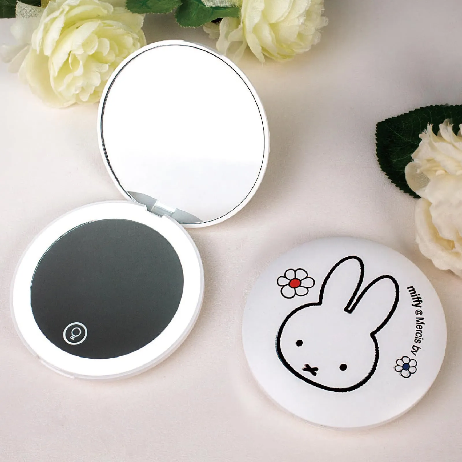 Miffy Handheld LED Makeup Mirror, Foldable 2-Side 1x/10x Magnification,Pocket Small Lighted Mirror for Travel, Rabbit Shape (White)