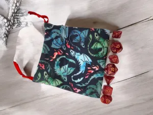 Mini dragon drawstring bag with a set of mini dice, dark red dice
