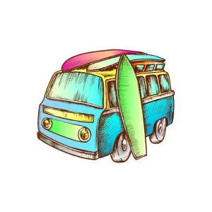 Old School Van with Surf Board Graphic Decal
