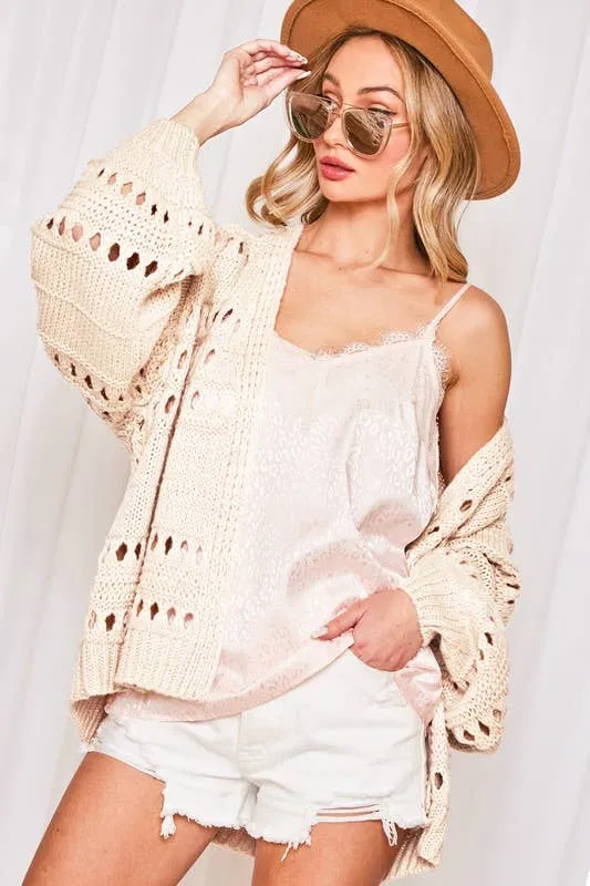 Open Front Balloon Sleeves Knitted Crochet Cardigan