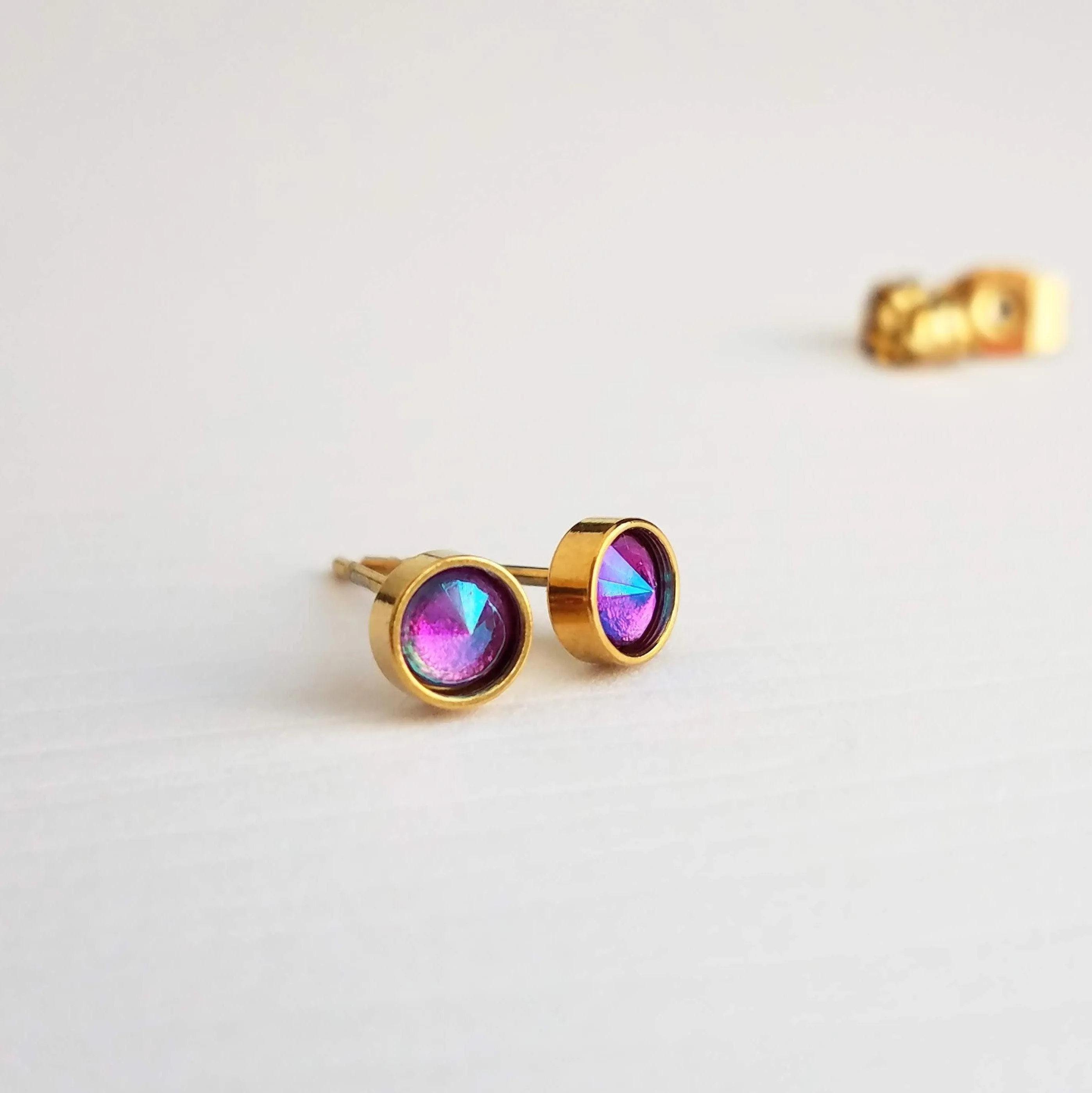 Orange Stud Earrings - tiny little round AB opalescent rhinestone gem, gold plated hypoallergenic stainless steel, girls, minimalist jewelry