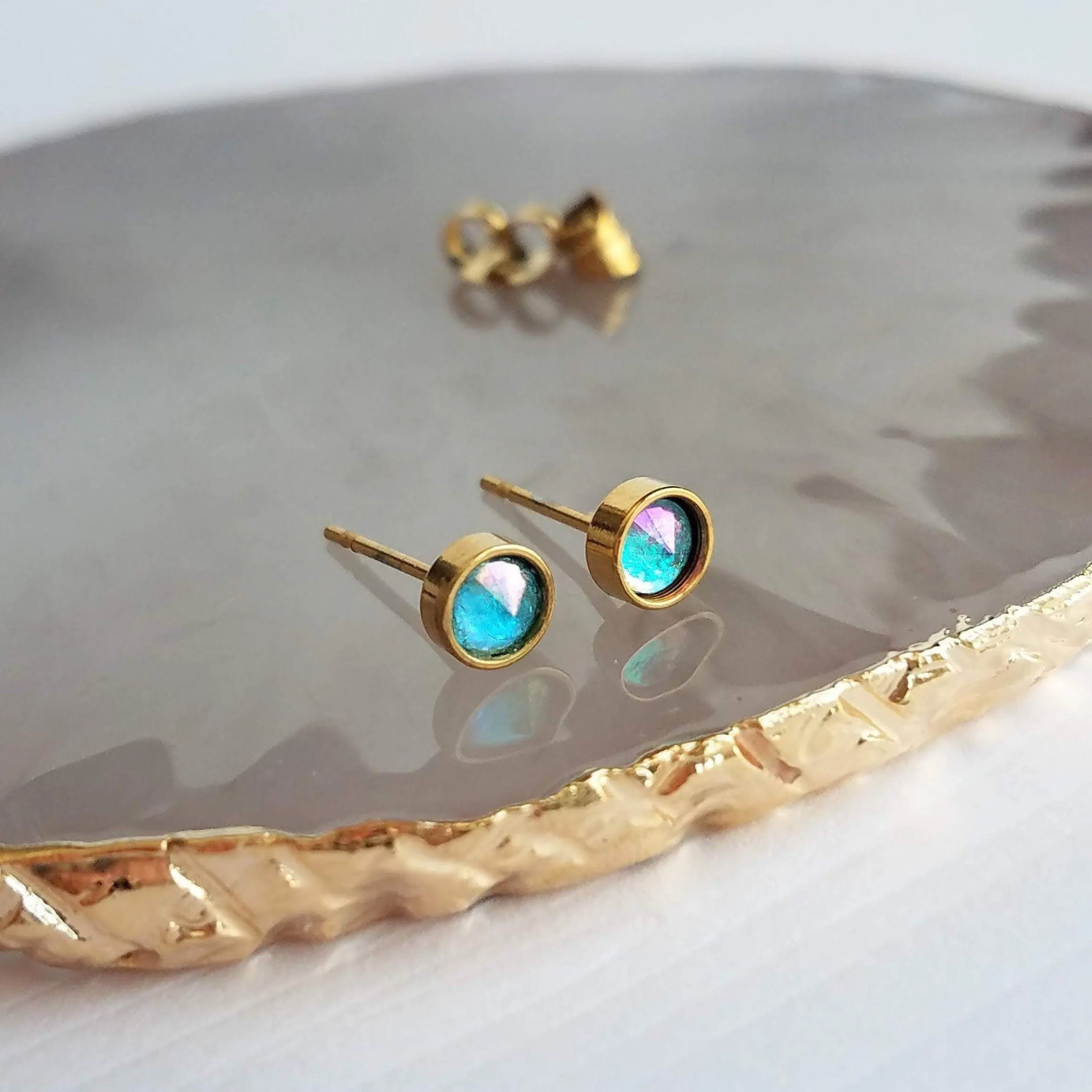 Orange Stud Earrings - tiny little round AB opalescent rhinestone gem, gold plated hypoallergenic stainless steel, girls, minimalist jewelry