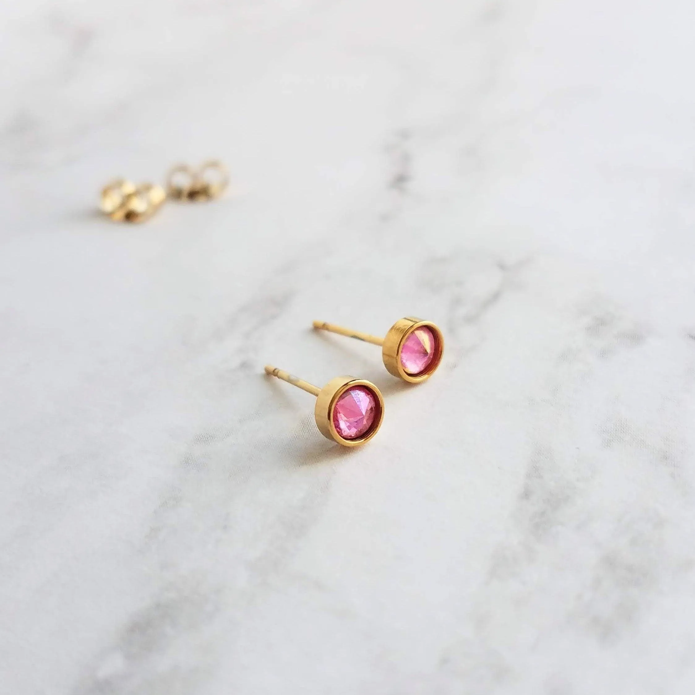 Orange Stud Earrings - tiny little round AB opalescent rhinestone gem, gold plated hypoallergenic stainless steel, girls, minimalist jewelry