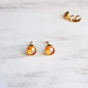 Orange Stud Earrings - tiny little round AB opalescent rhinestone gem, gold plated hypoallergenic stainless steel, girls, minimalist jewelry