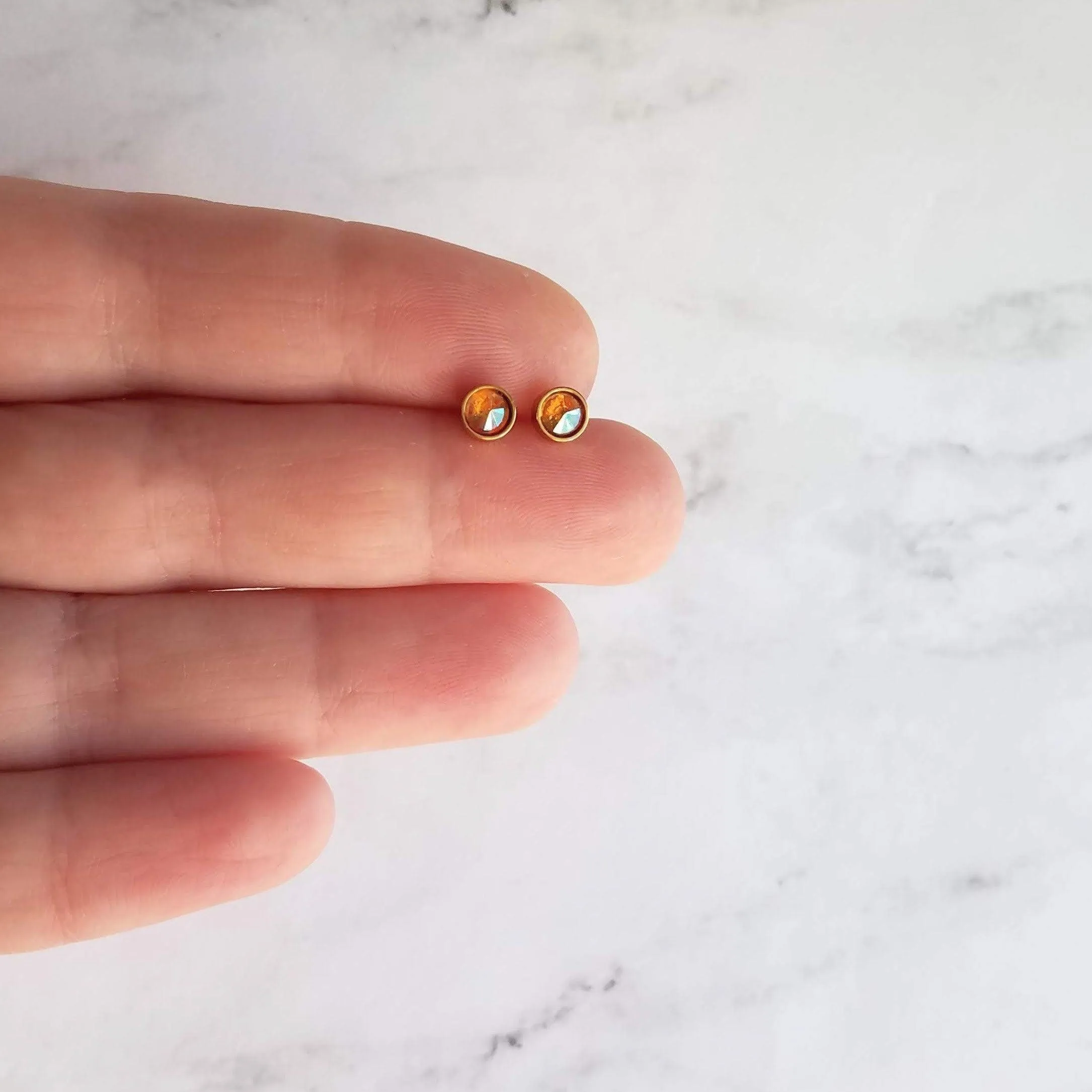 Orange Stud Earrings - tiny little round AB opalescent rhinestone gem, gold plated hypoallergenic stainless steel, girls, minimalist jewelry