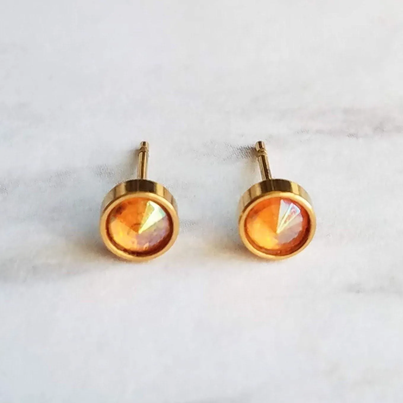 Orange Stud Earrings - tiny little round AB opalescent rhinestone gem, gold plated hypoallergenic stainless steel, girls, minimalist jewelry