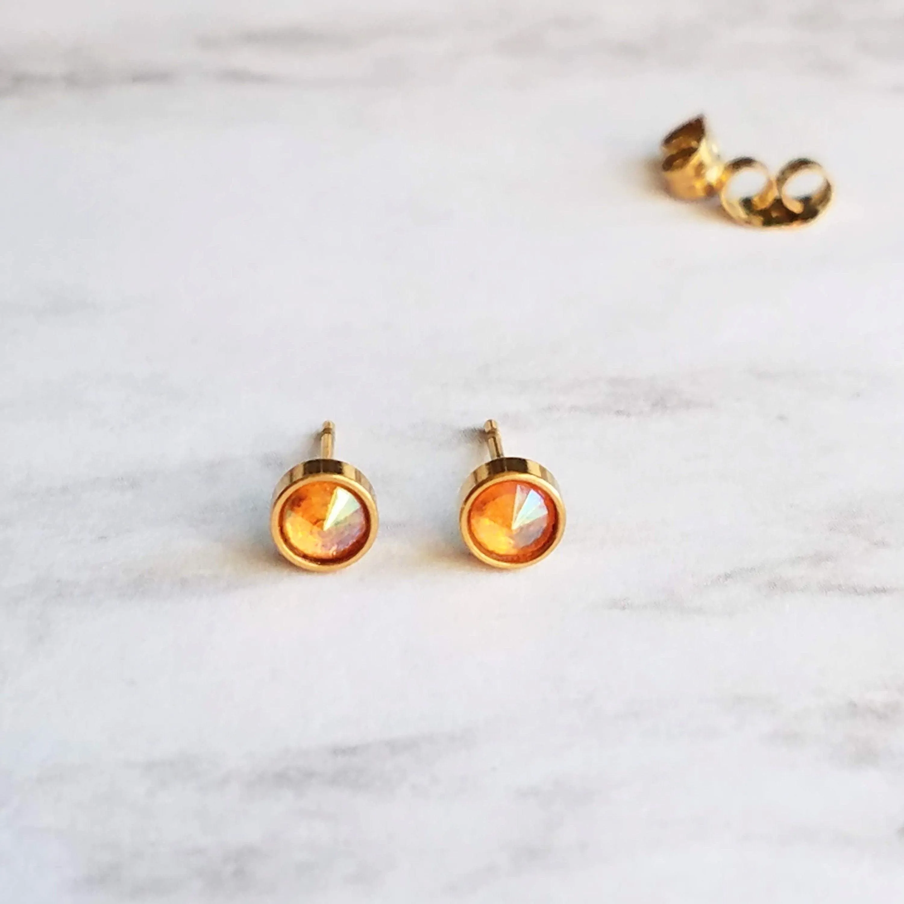 Orange Stud Earrings - tiny little round AB opalescent rhinestone gem, gold plated hypoallergenic stainless steel, girls, minimalist jewelry