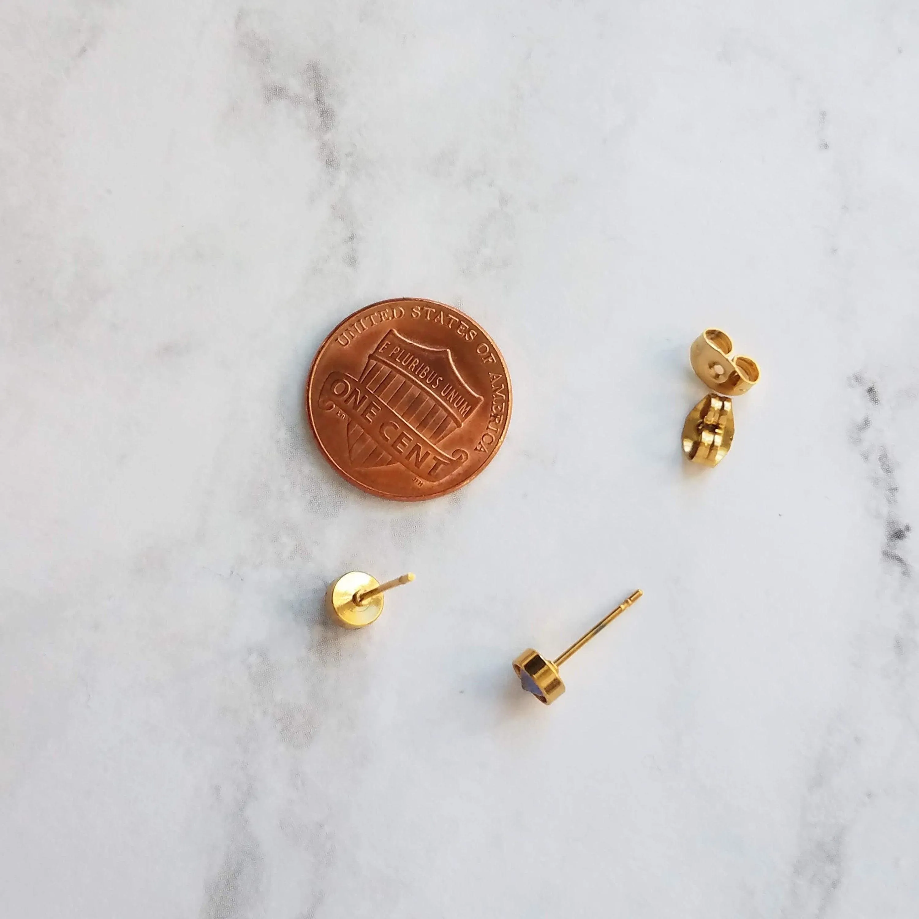 Orange Stud Earrings - tiny little round AB opalescent rhinestone gem, gold plated hypoallergenic stainless steel, girls, minimalist jewelry