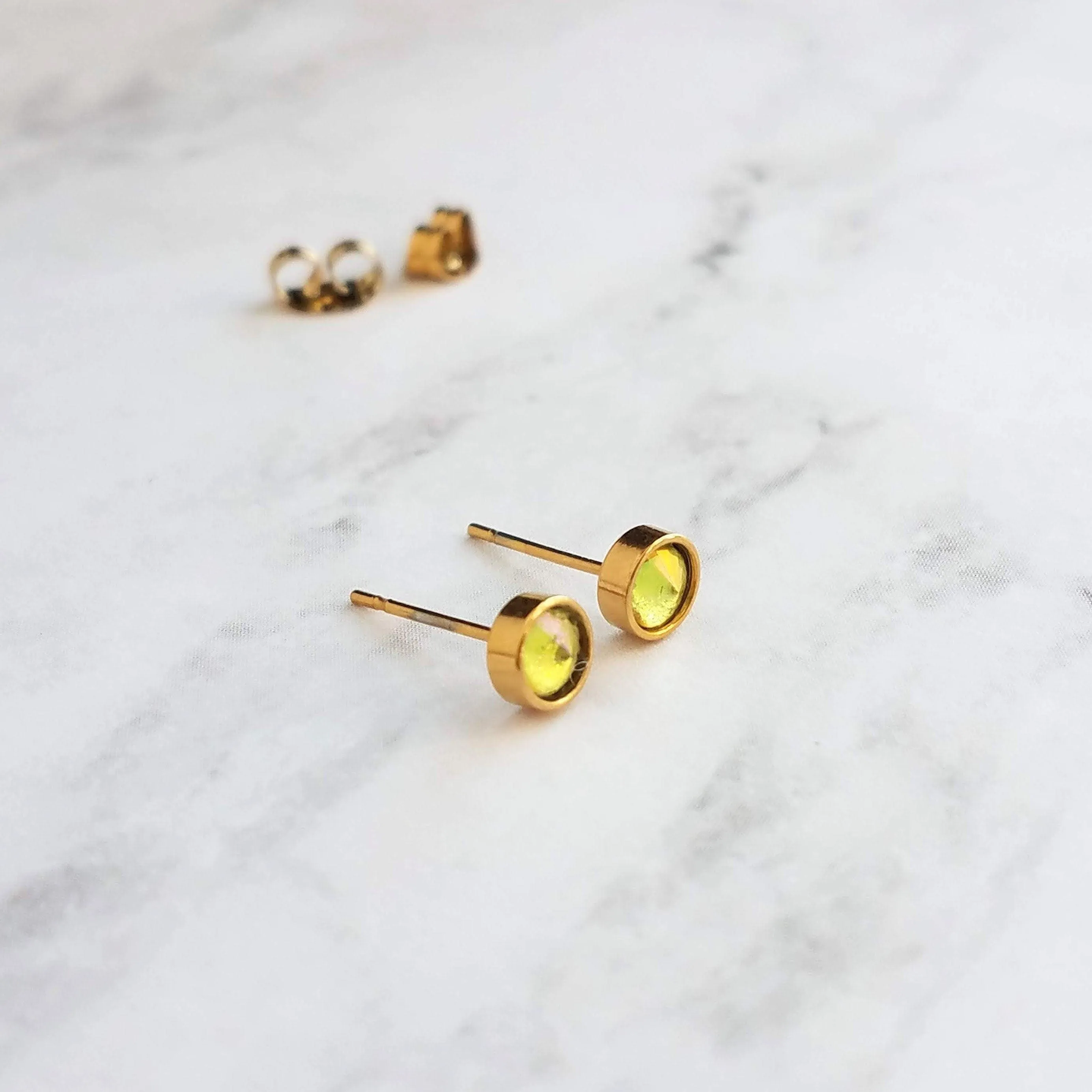 Orange Stud Earrings - tiny little round AB opalescent rhinestone gem, gold plated hypoallergenic stainless steel, girls, minimalist jewelry