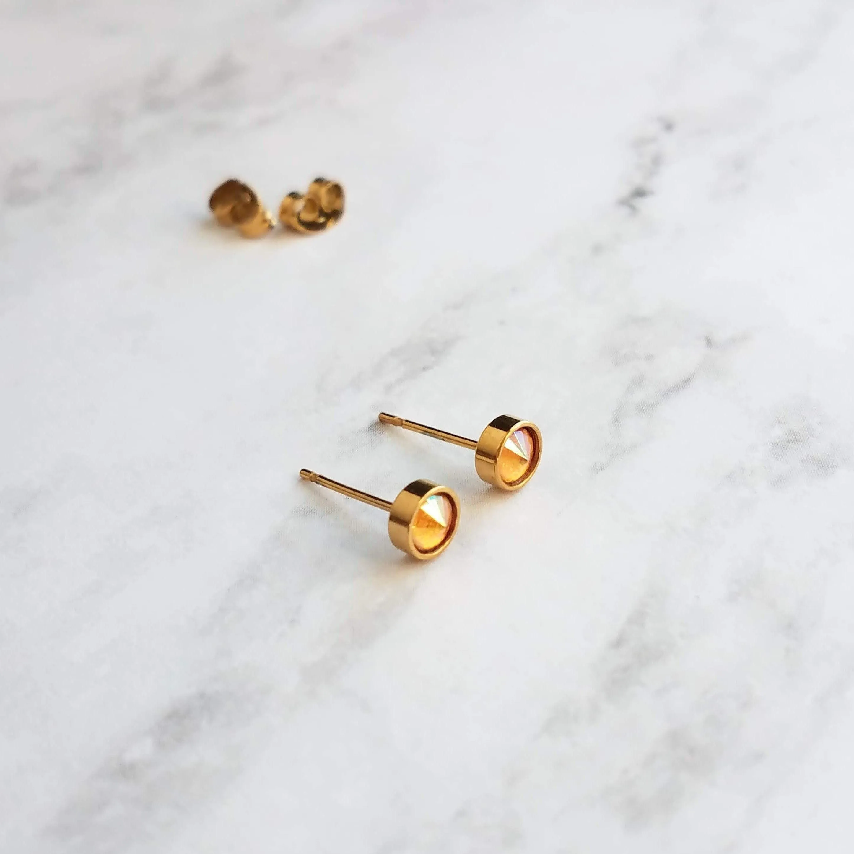 Orange Stud Earrings - tiny little round AB opalescent rhinestone gem, gold plated hypoallergenic stainless steel, girls, minimalist jewelry