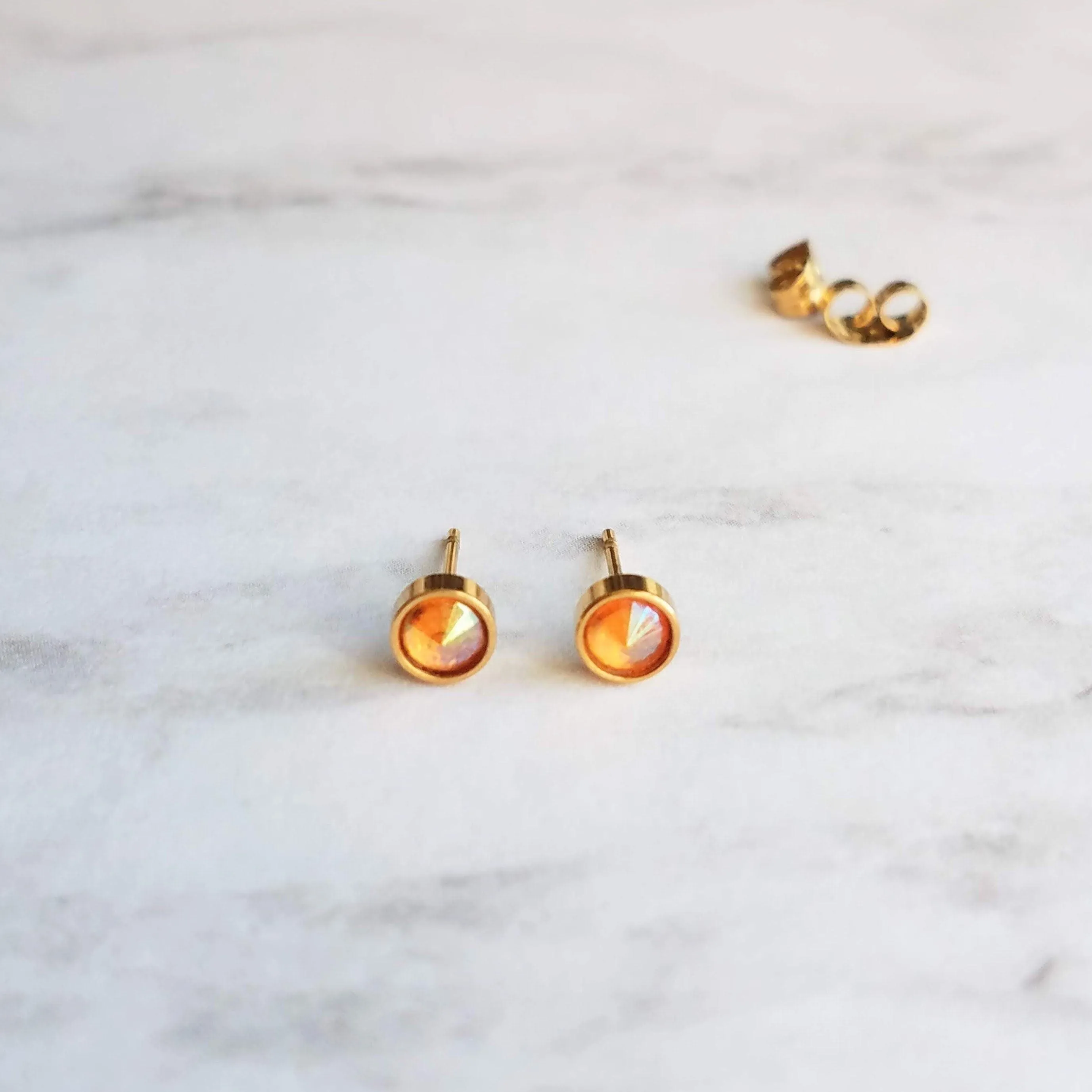 Orange Stud Earrings - tiny little round AB opalescent rhinestone gem, gold plated hypoallergenic stainless steel, girls, minimalist jewelry