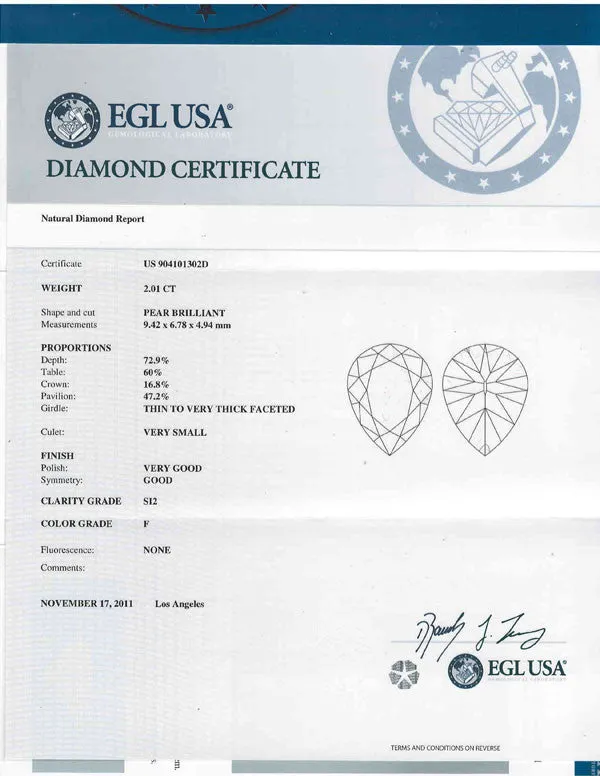Pear Shape Diamond EGL USA Certified 2.01ct F-SI2