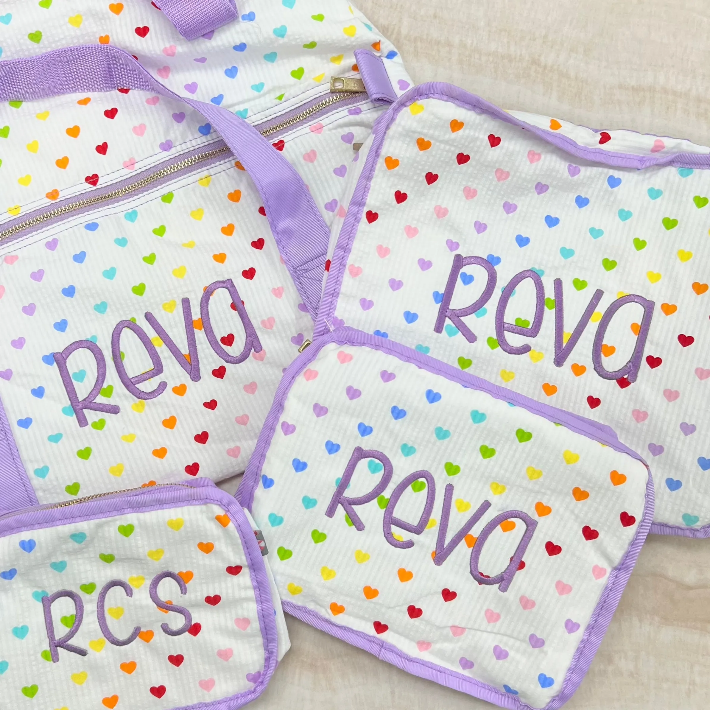 Personalized Seersucker Tiny Hearts Organizing Trio