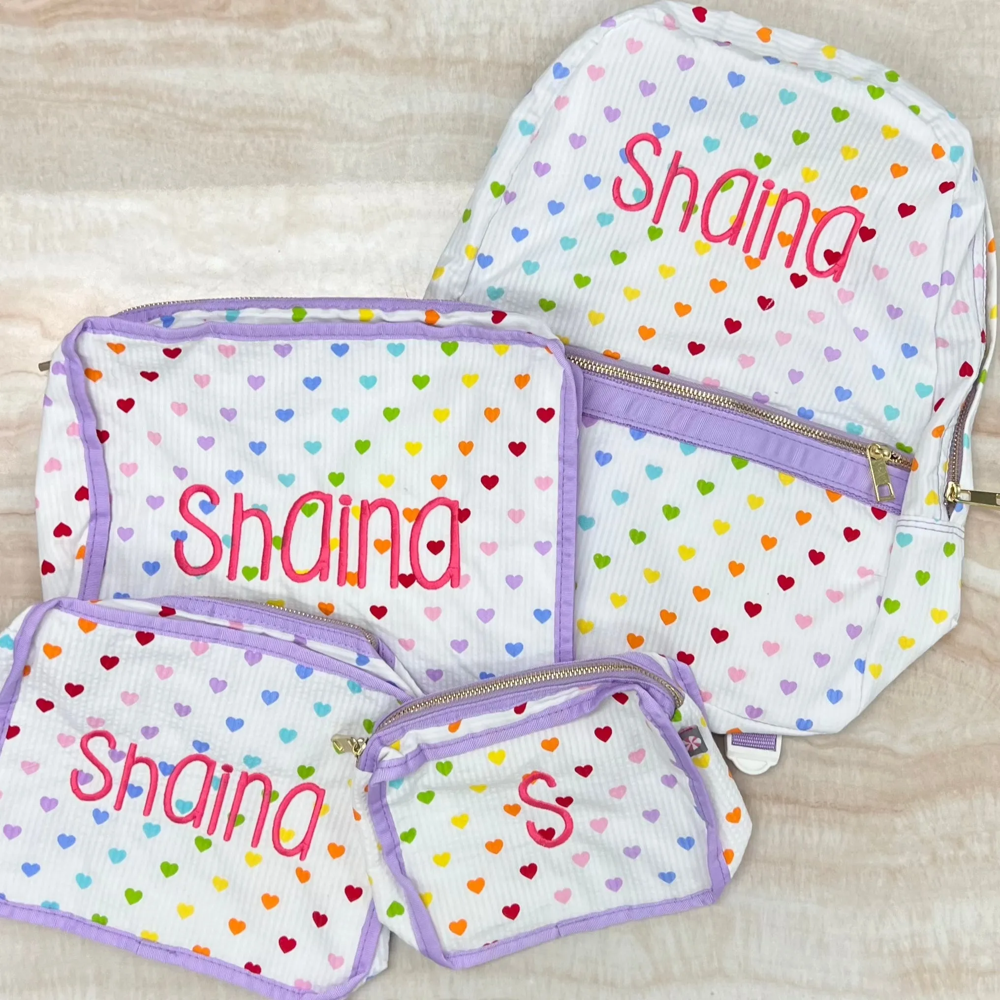 Personalized Seersucker Tiny Hearts Organizing Trio