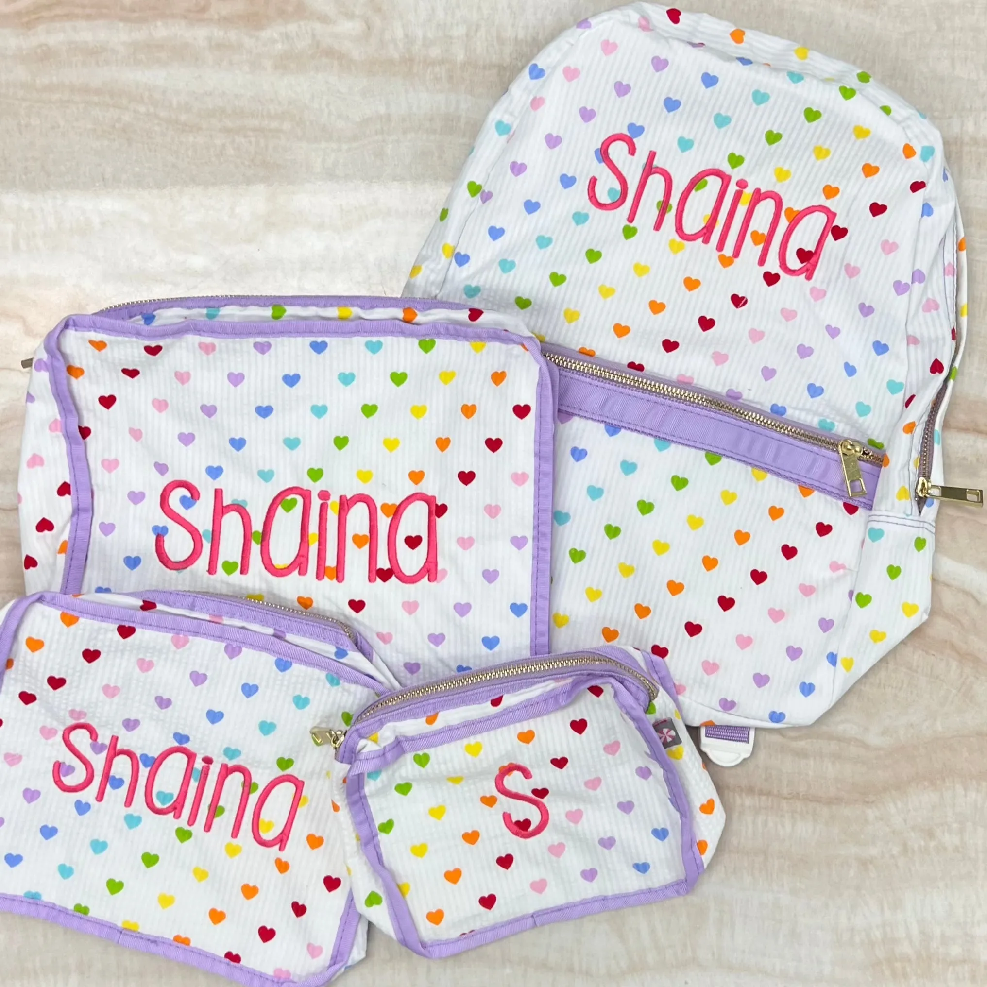Personalized Seersucker Tiny Hearts Small Backpack