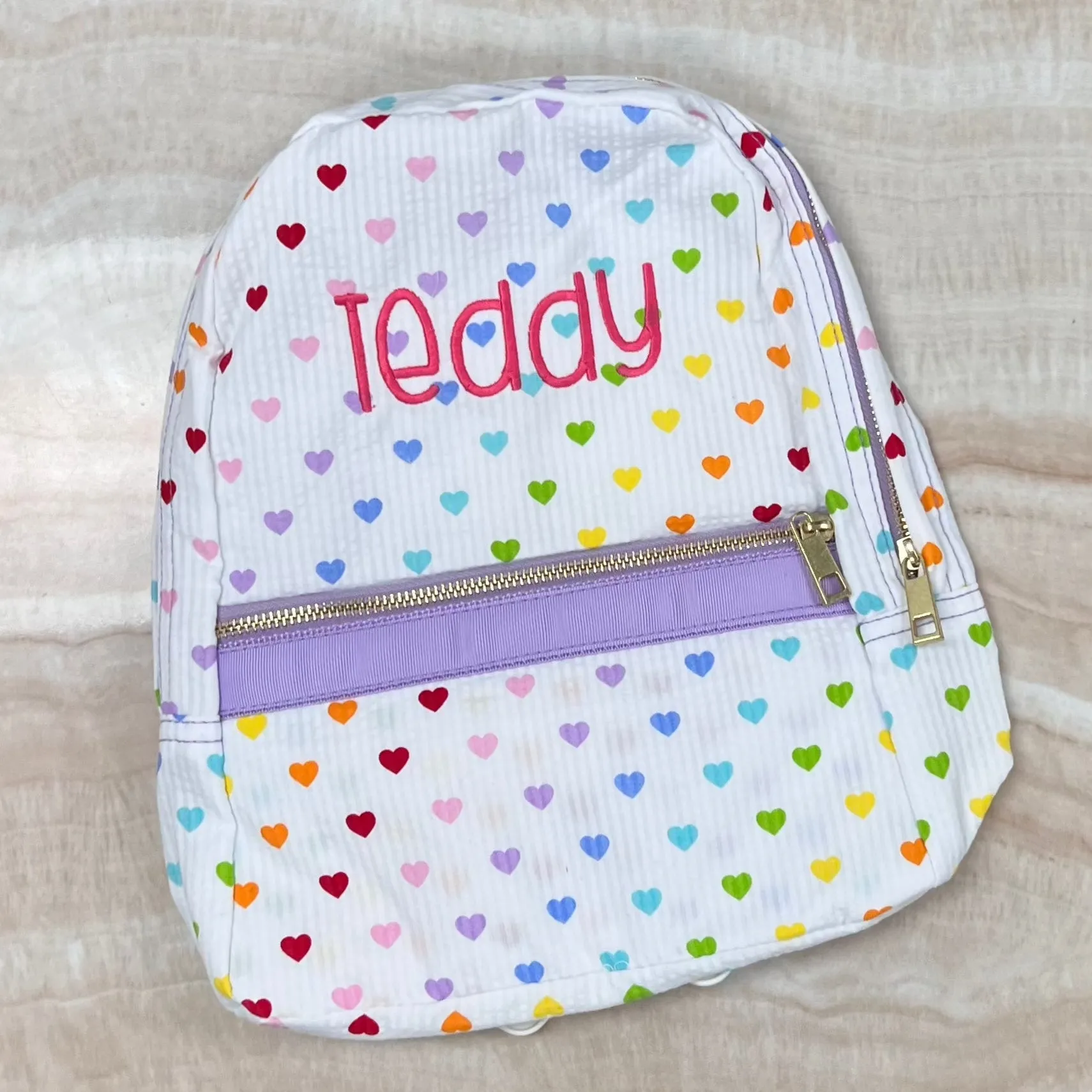 Personalized Seersucker Tiny Hearts Small Backpack