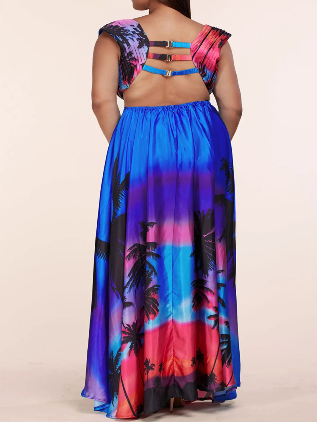 PLUS SIZE SLEEVELESS V-NECK OPEN FRONT MULTI COLOR MAXI DRESS