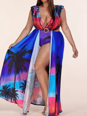 PLUS SIZE SLEEVELESS V-NECK OPEN FRONT MULTI COLOR MAXI DRESS