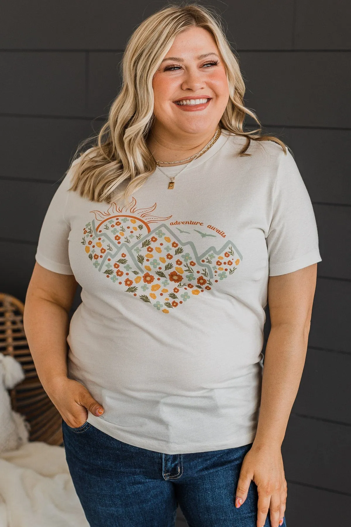 "Adventure Awaits" Graphic Tee- Light Cream
