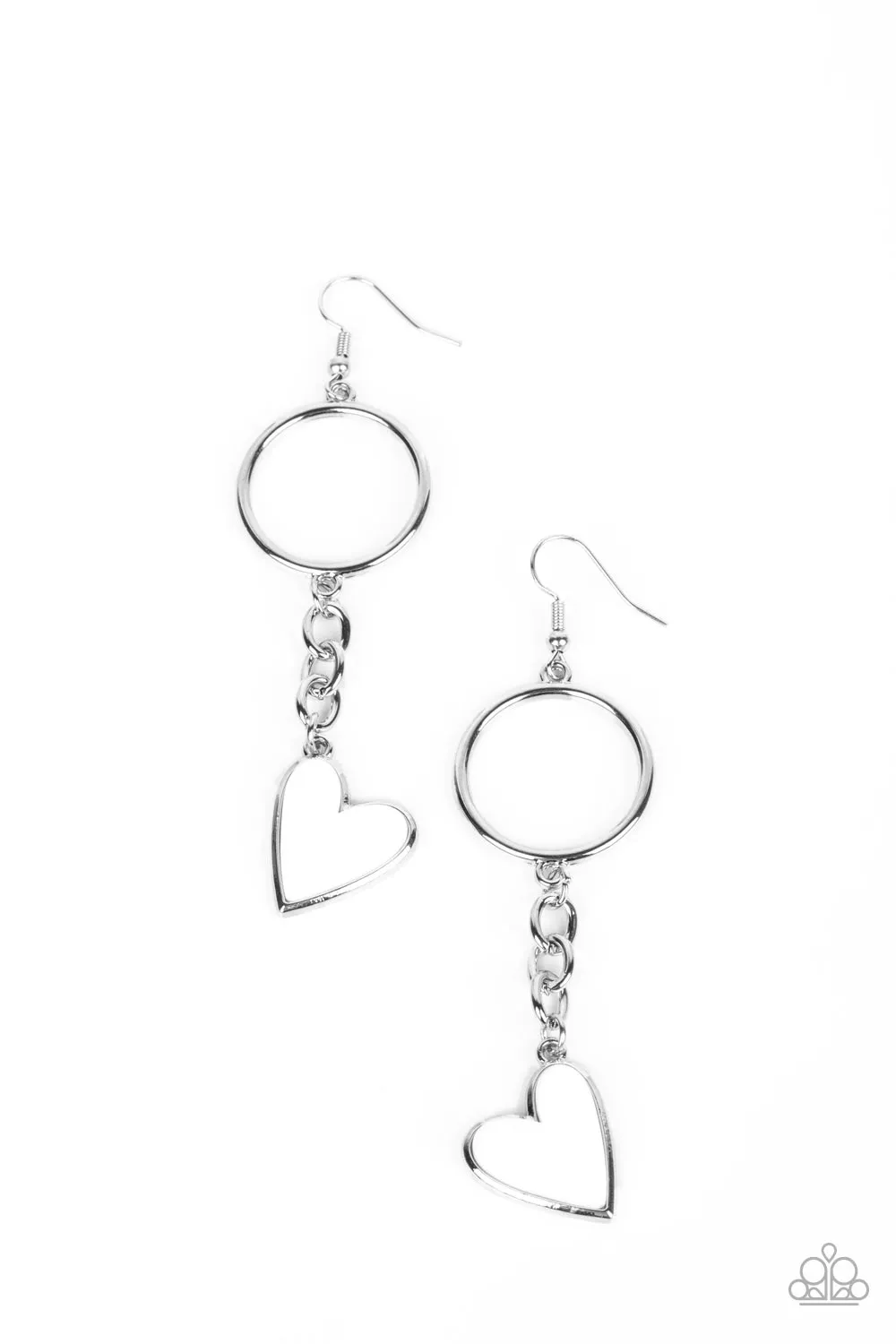 "Don't Miss a Heartbeat" Silver Metal & White Hanging Heart Earrings