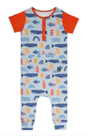 Rags Retro Short Sleeve Henley Kangaroo Pocket Rag Romper in Ocean Shapes