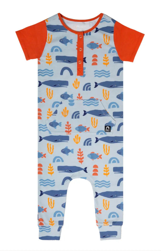 Rags Retro Short Sleeve Henley Kangaroo Pocket Rag Romper in Ocean Shapes