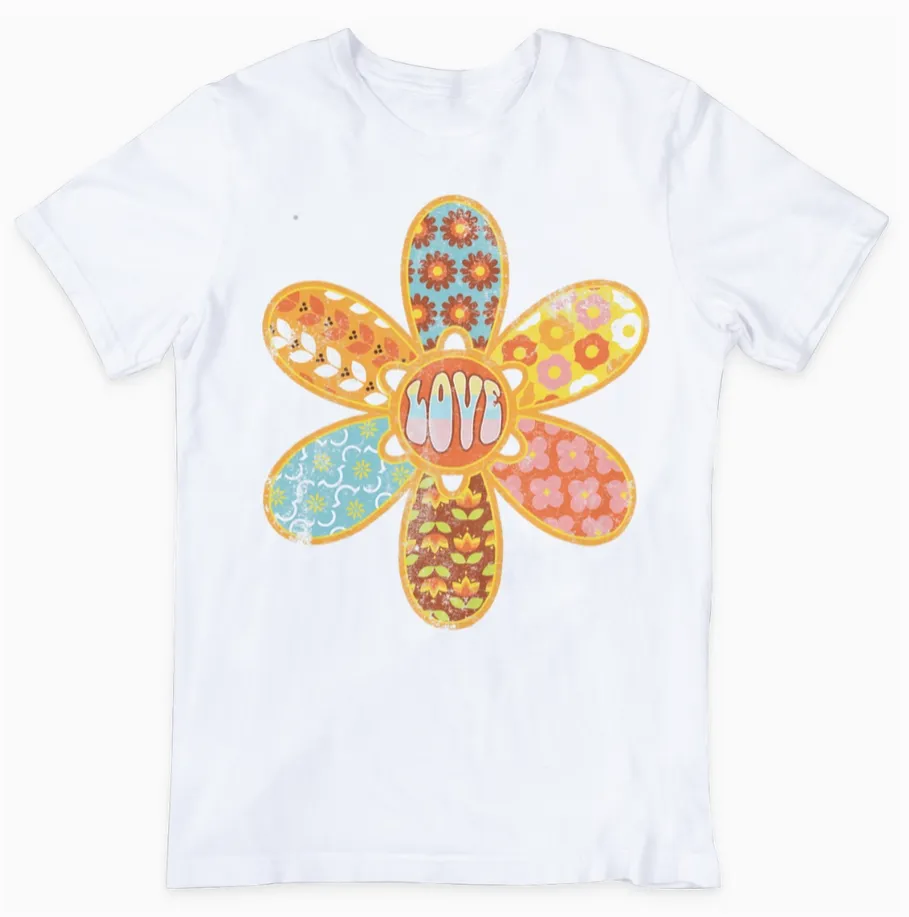 Retro Love Flower Short Slv Graphic Tee