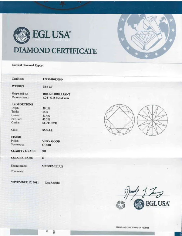 Round Brilliant Cut Diamond EGL USA Certified 0.86ct G-SI1