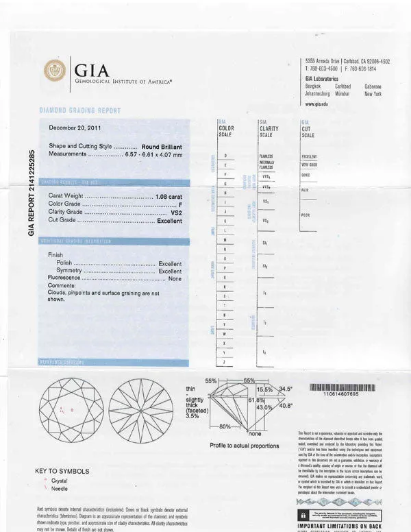 Round Brilliant Shape Diamond GIA Certified 1.08ct F-VS2