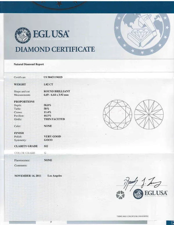 Round Cut Diamond EGL USA Certified 1.02ct G-SI2