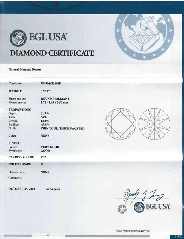Round Loose Diamond .70ct E-VS2 EGL USA Certified