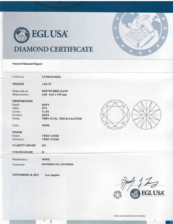 Round Shape Diamond EGL USA Certified 1.05ct H-SI2 Online