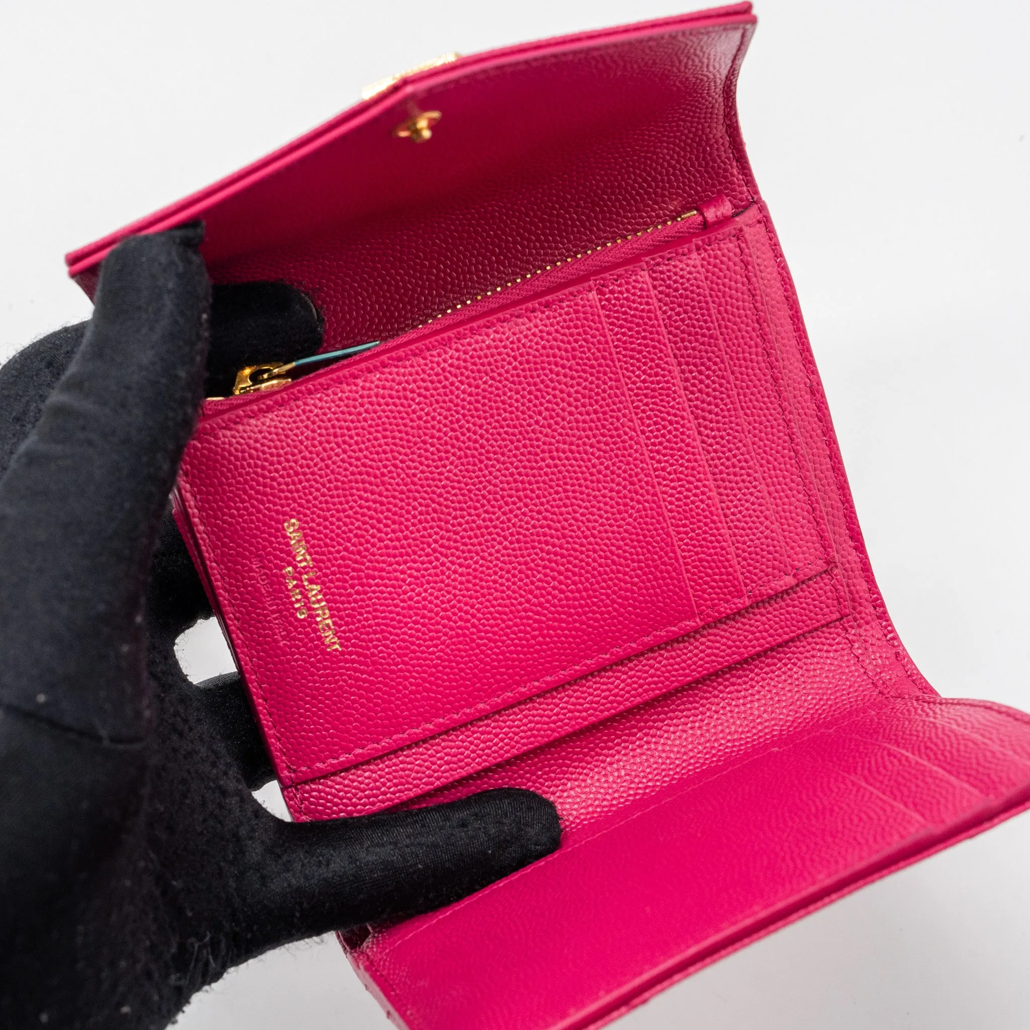 Saint laurent compact tri-fold wallet calfskin pink GHW