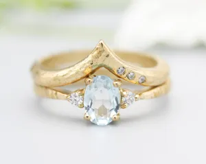 Set of 2 Oval faceted blue topaz ring with tiny round diamonds side set with 14k gold band set with 14k gold band ring with tiny 3 diamond