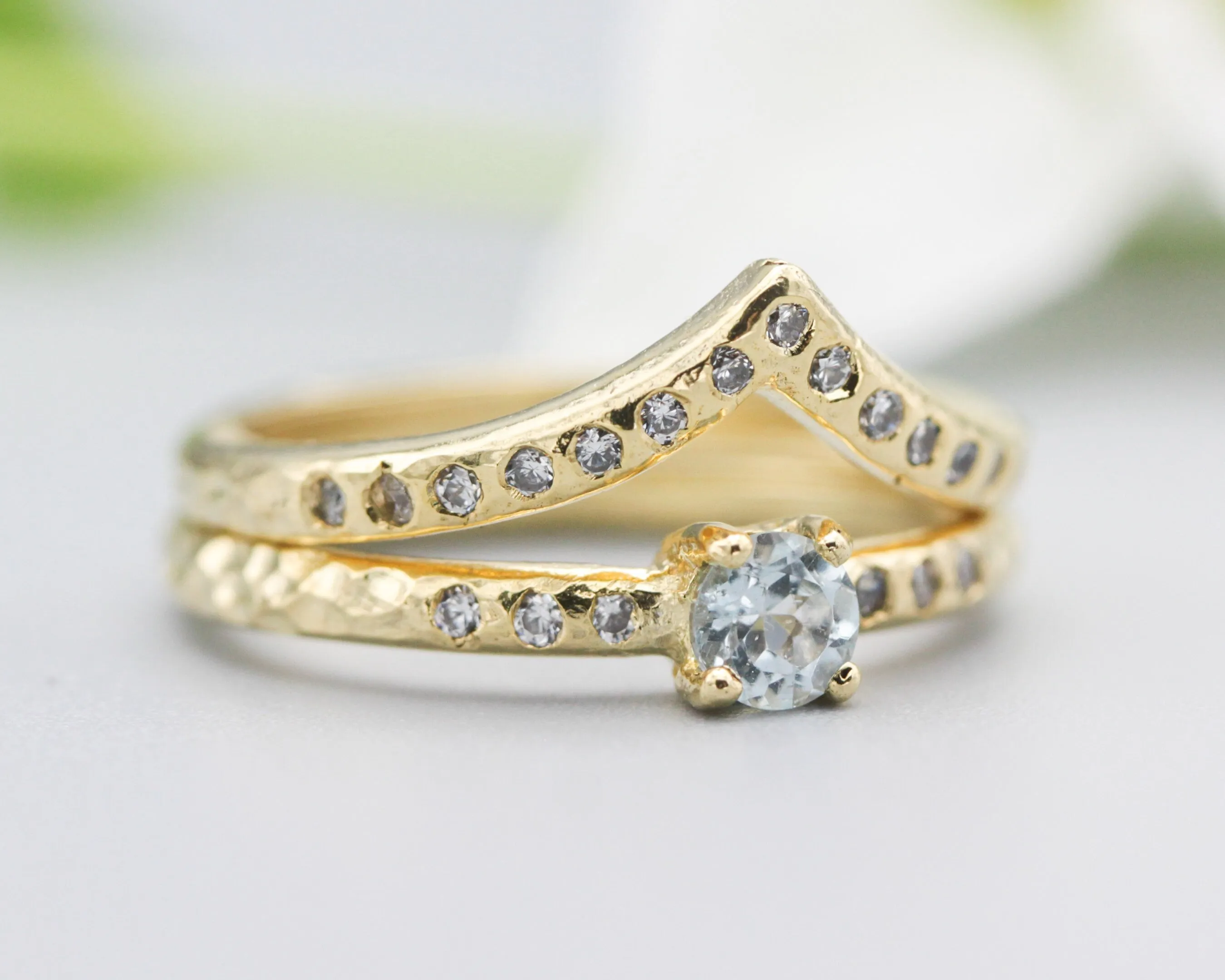 Set of 2 Round faceted blue topaz ring and tiny diamonds on 14k gold set with 14k gold hammer texture design band ring and tiny 15 diamond
