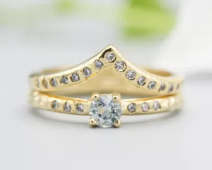 Set of 2 Round faceted blue topaz ring and tiny diamonds on 14k gold set with 14k gold hammer texture design band ring and tiny 15 diamond
