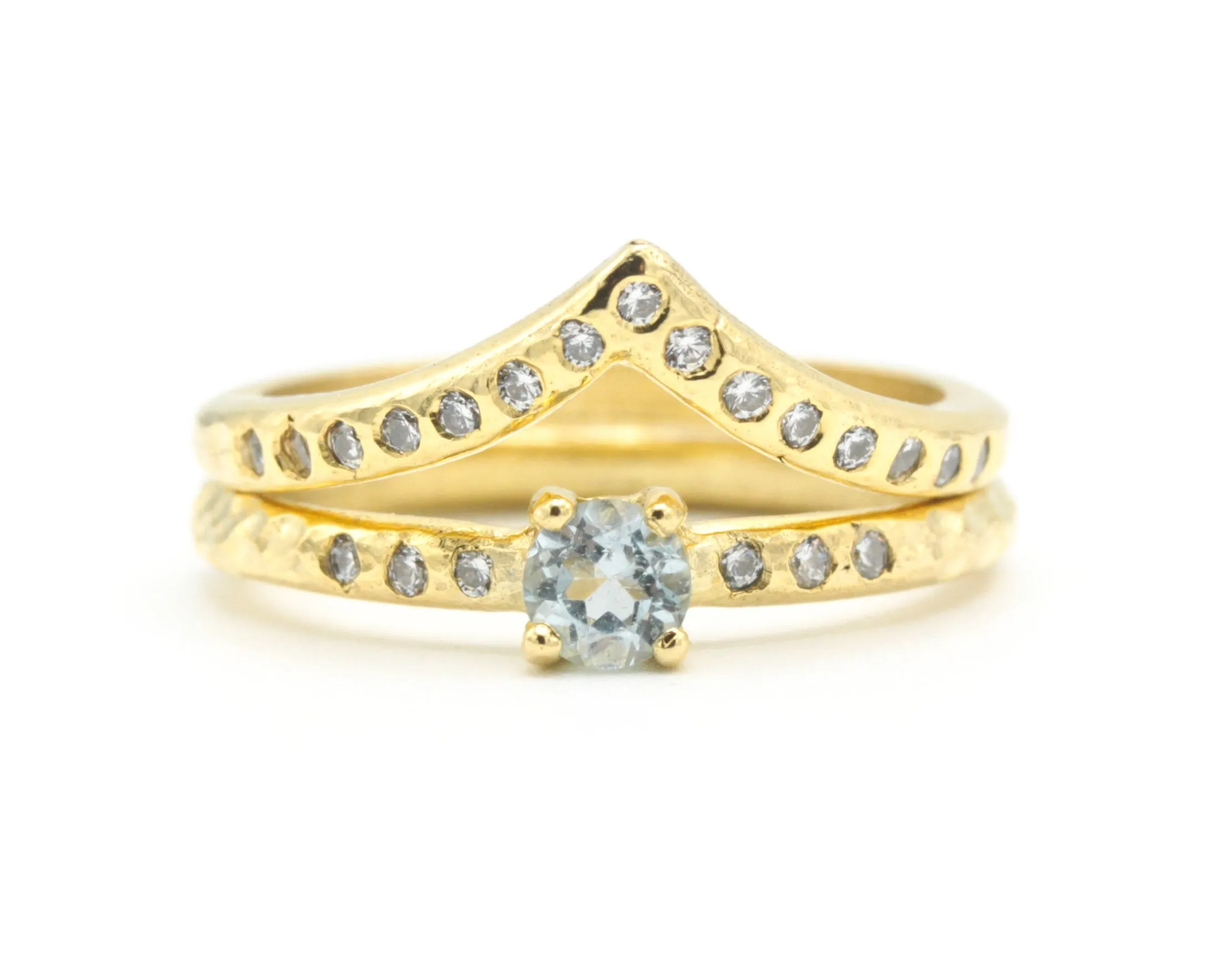 Set of 2 Round faceted blue topaz ring and tiny diamonds on 14k gold set with 14k gold hammer texture design band ring and tiny 15 diamond