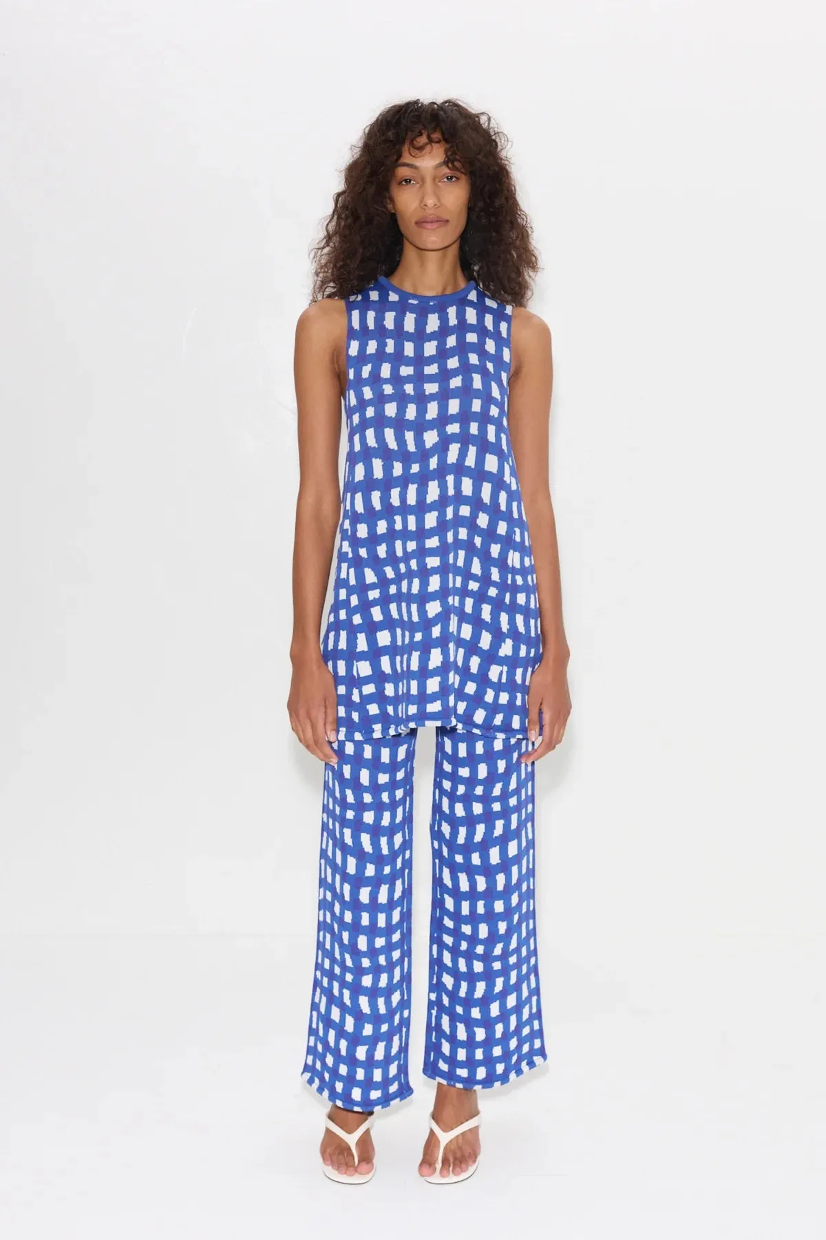 SIMONMILLER - Zana Mini Dress - Klein Blue Wavy Gingham & Gummy Green Palm Leaf