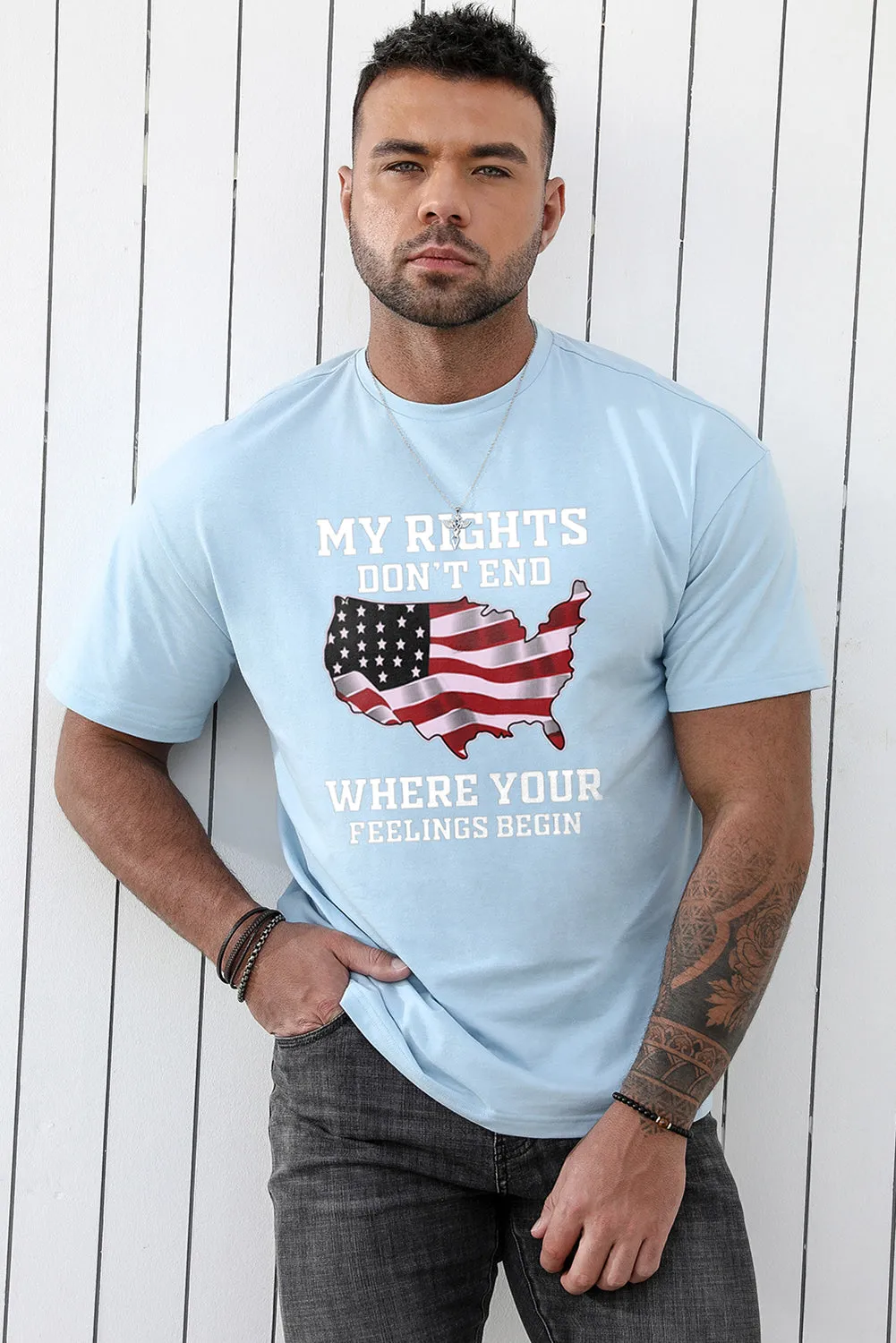 Sky Blue American Flag Map Letter Graphic Print Men's T Shirt