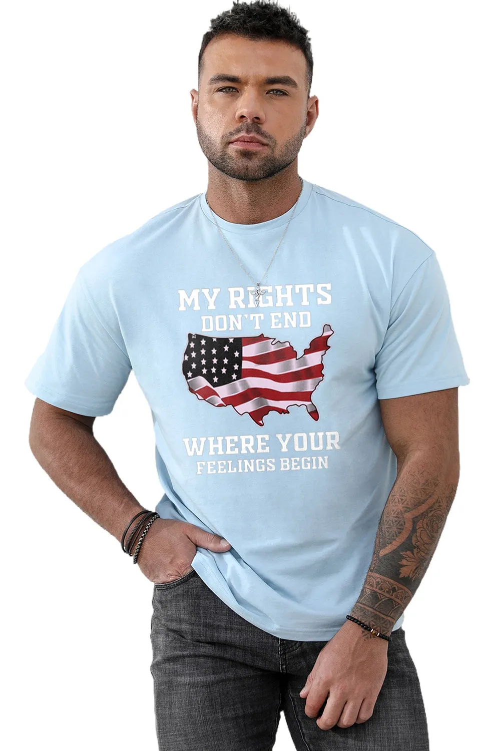 Sky Blue American Flag Map Letter Graphic Print Men's T Shirt