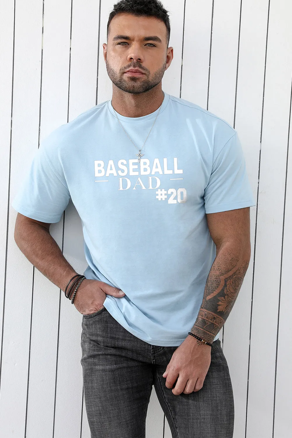 Sky Blue BASEBALL DAD #20 Print O-neck Short Sleeve Men's T Shirt