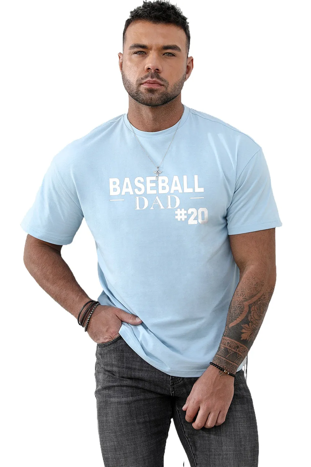 Sky Blue BASEBALL DAD #20 Print O-neck Short Sleeve Men's T Shirt