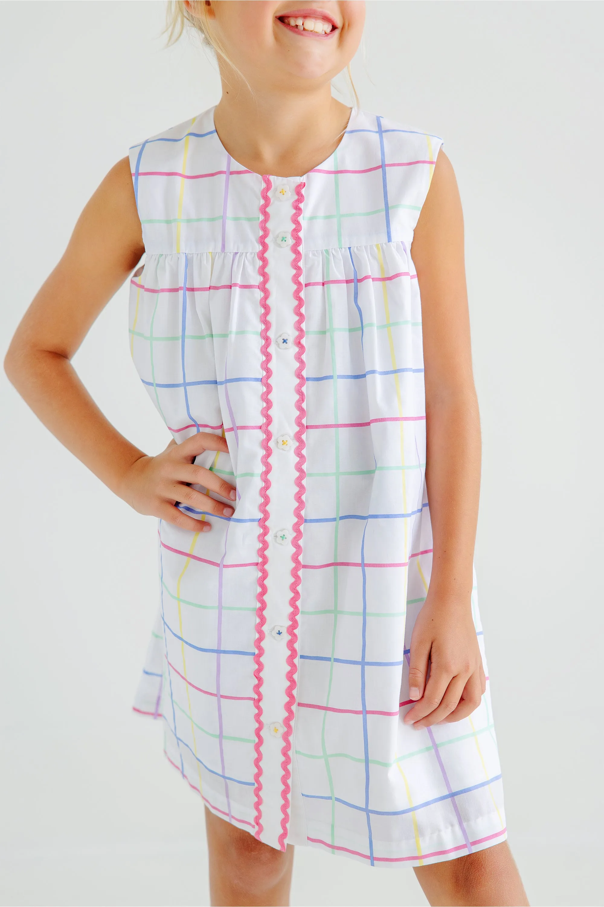 Sleeveless Tabitha's Teacher's Pet Dress - Water Street Windowpane with Worth Avenue White & Winter Park Pink