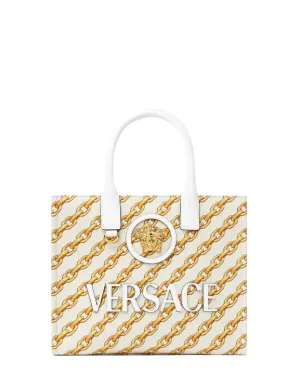 Small La Medusa Chain Stripe Tote in Gold White