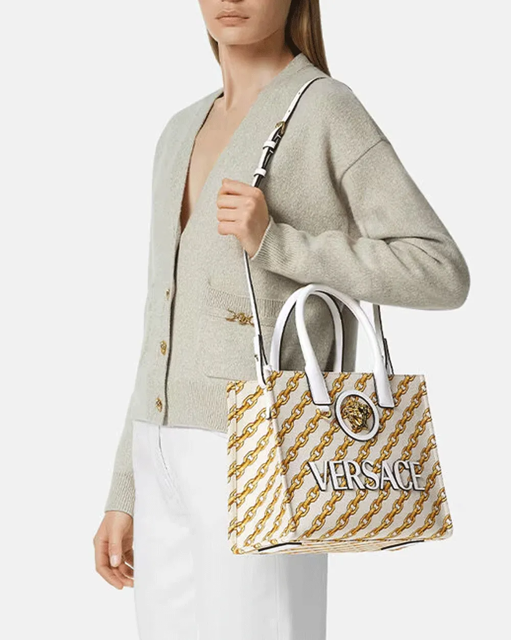 Small La Medusa Chain Stripe Tote in Gold White