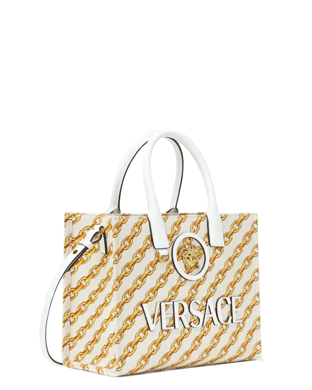 Small La Medusa Chain Stripe Tote in Gold White